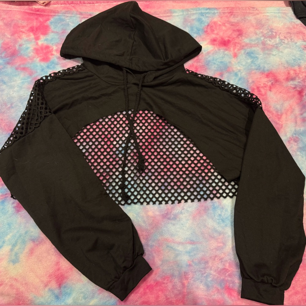 Black Mesh Cropped Hoodie